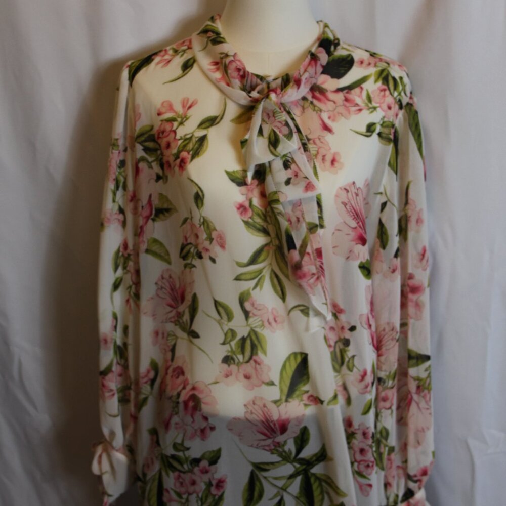 White House Black Market Floral Print Tie Neck Blouse Women's XL